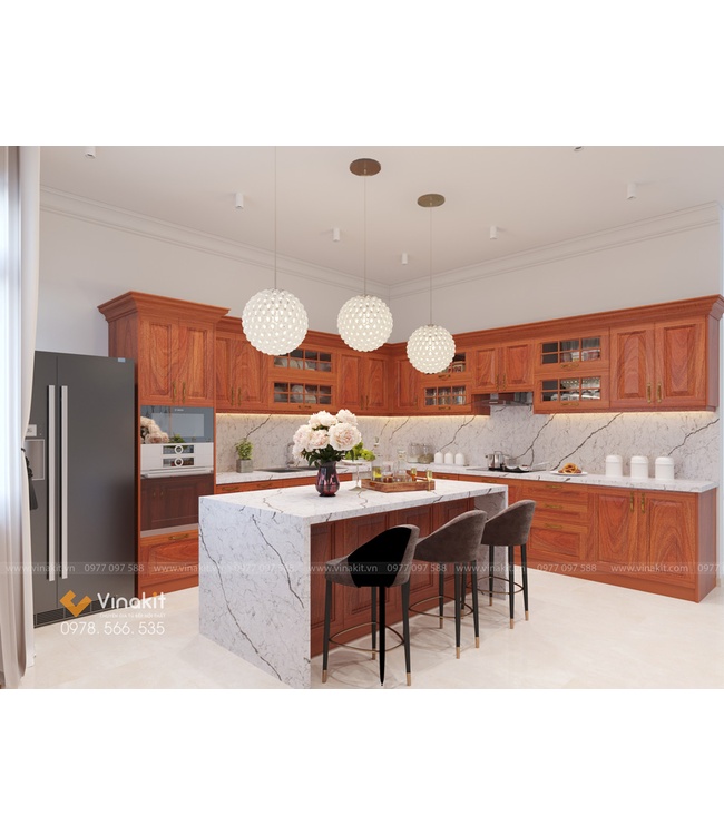 Mẫu tủ bếp gỗ hương Vinakit chữ L – GH07