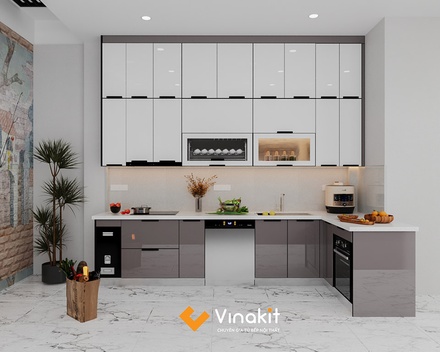 Mẫu tủ bếp Inox cánh kính cường lực CK78