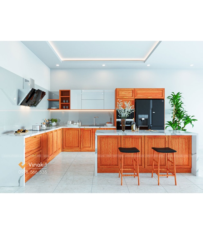 Mẫu tủ bếp gỗ hương Vinakit chữ L – GH09