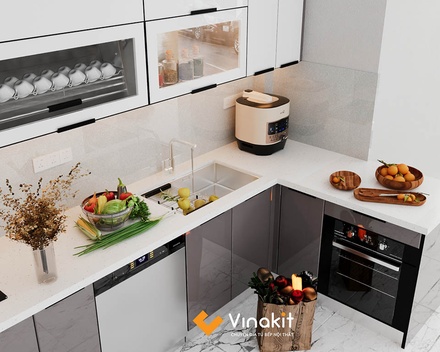 Mẫu tủ bếp Inox cánh kính cường lực CK78