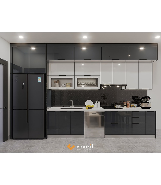 Mẫu tủ bếp Inox cánh kính cường lực CK82