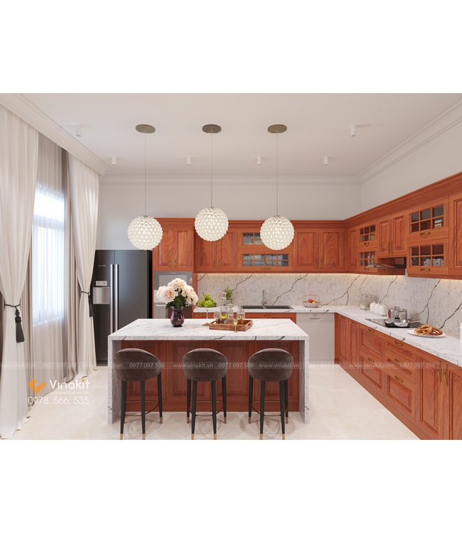 Mẫu tủ bếp gỗ hương Vinakit chữ L – GH07
