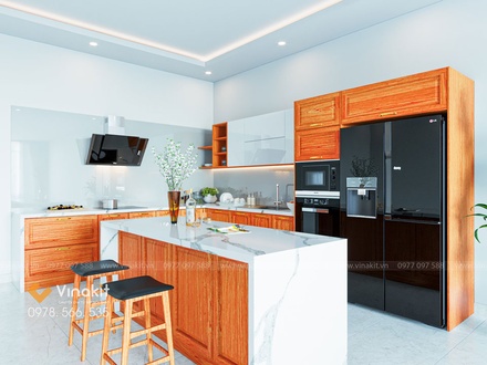 Mẫu tủ bếp gỗ hương Vinakit chữ L – GH09
