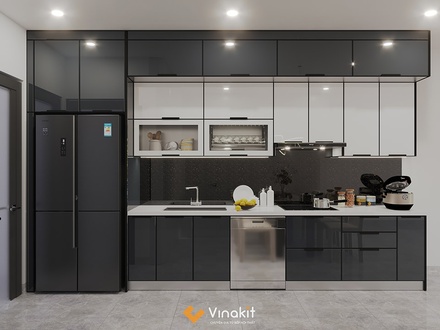 Mẫu tủ bếp Inox cánh kính cường lực CK82