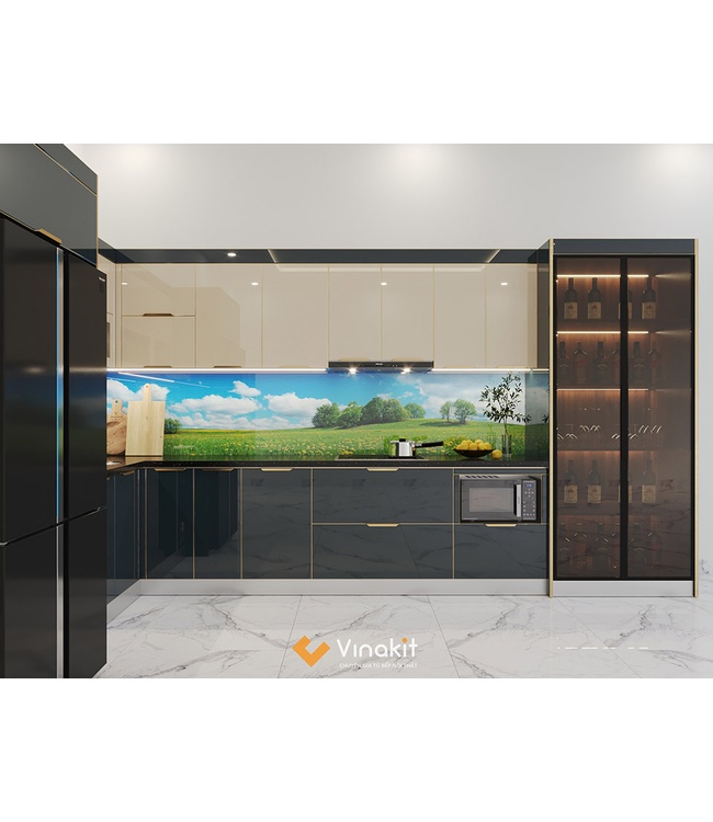 Mẫu tủ bếp Inox cánh kính cường lực CK59