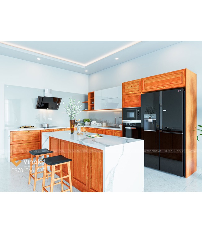 Mẫu tủ bếp gỗ hương Vinakit chữ L – GH09