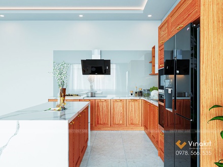 Mẫu tủ bếp gỗ hương Vinakit chữ L – GH09