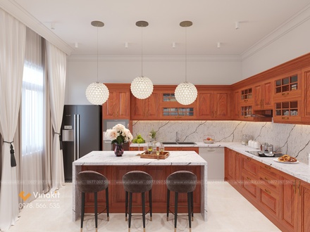 Mẫu tủ bếp gỗ hương Vinakit chữ L – GH07