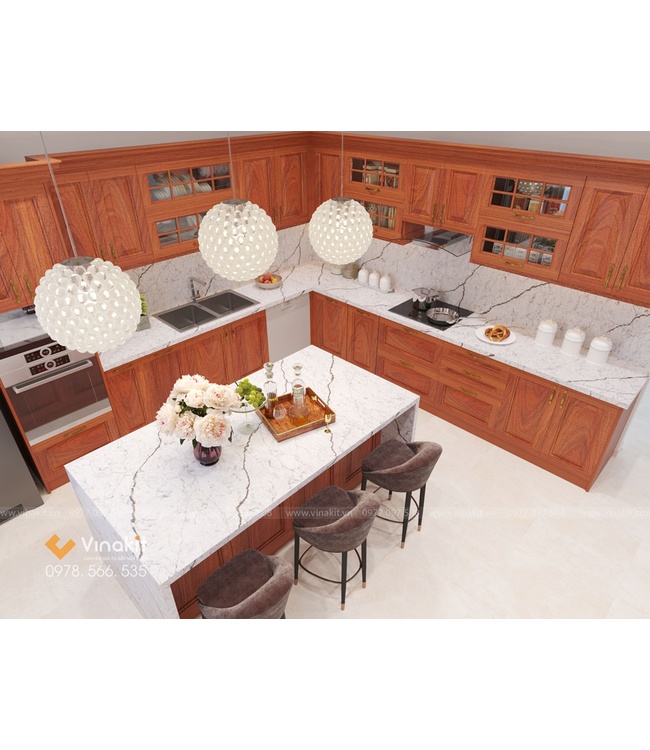 Mẫu tủ bếp gỗ hương Vinakit chữ L – GH07